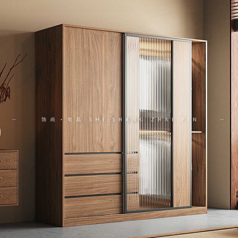 北欧风推拉门衣柜小户型家用卧室木纹色钢化玻璃柜门成品组合衣橱