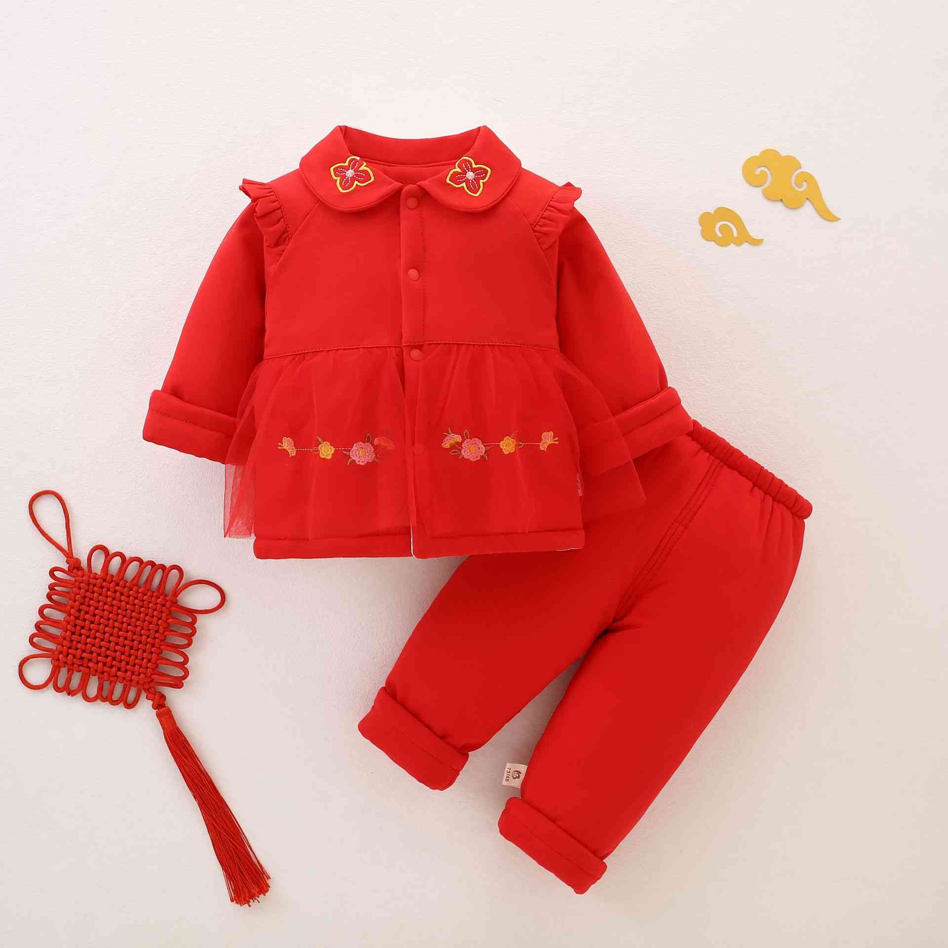 婴儿拜年服180g夹棉分体衣大红色女宝宝周岁衣服过年衣服分体棉衣