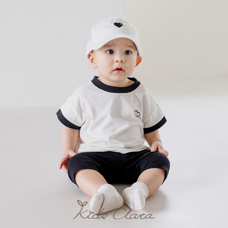 KIDSCLARA韩国婴儿T恤2024夏款男女宝宝可爱配色圆领爱心短袖上衣