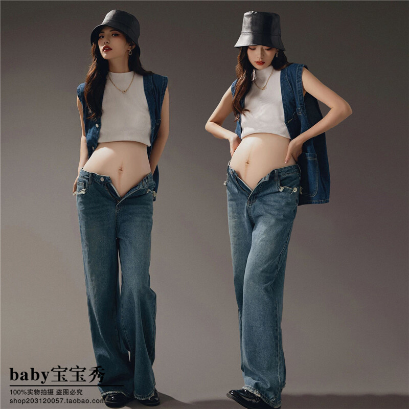 新款影楼孕妇照服装甜酷个性时尚牛仔裤套装孕妈咪艺术照摄影服装