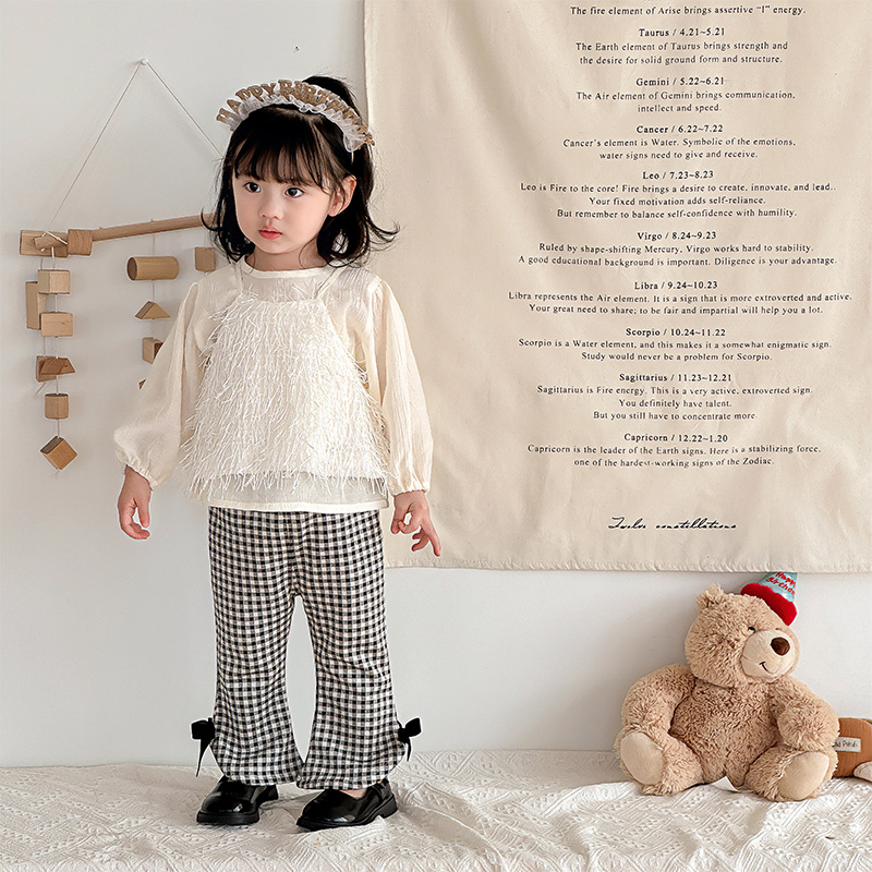 韩版婴幼儿套装2024新款春季女圆领娃娃衫洋气马甲裤子三件套
