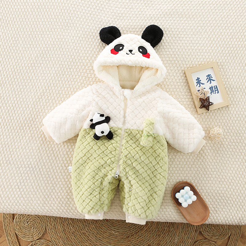 新生宝宝毛绒熊猫连体衣婴儿衣服冬装加绒加棉外套可爱超萌外出服