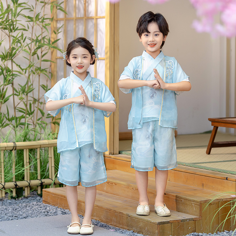 男孩女孩夏季套装中国风唐装汉服古装六一儿 童演出服中式两件套.