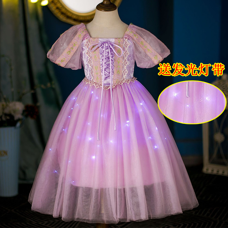 新款女童乐佩长发公主Rapunzel连衣裙短袖夏季发光网纱裙六一礼服
