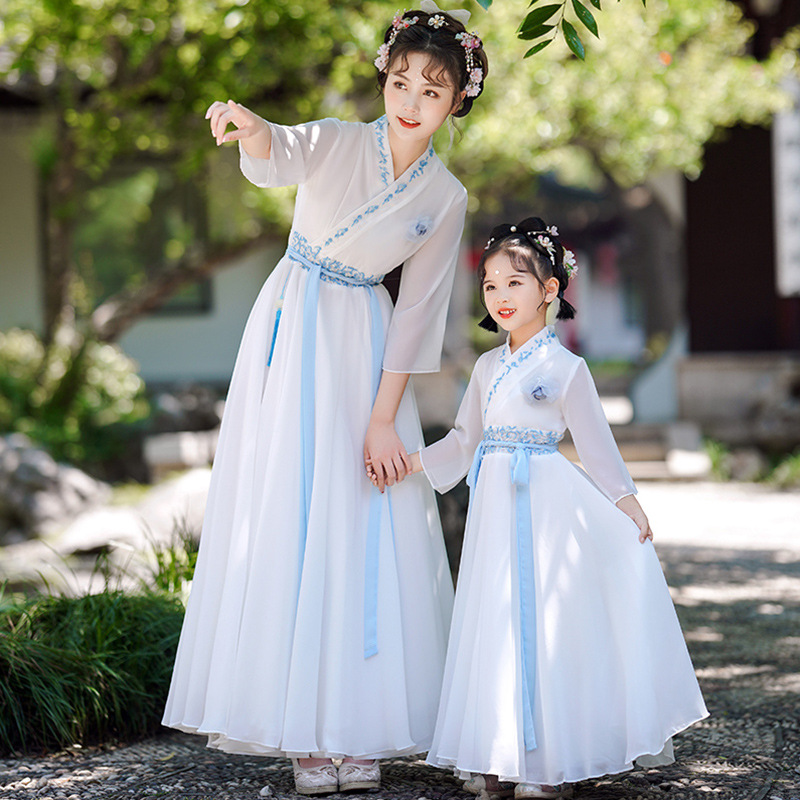 夏季亲子装母女儿童国学桔梗汉服成人中国风齐腰唐装襦裙奶甜公主
