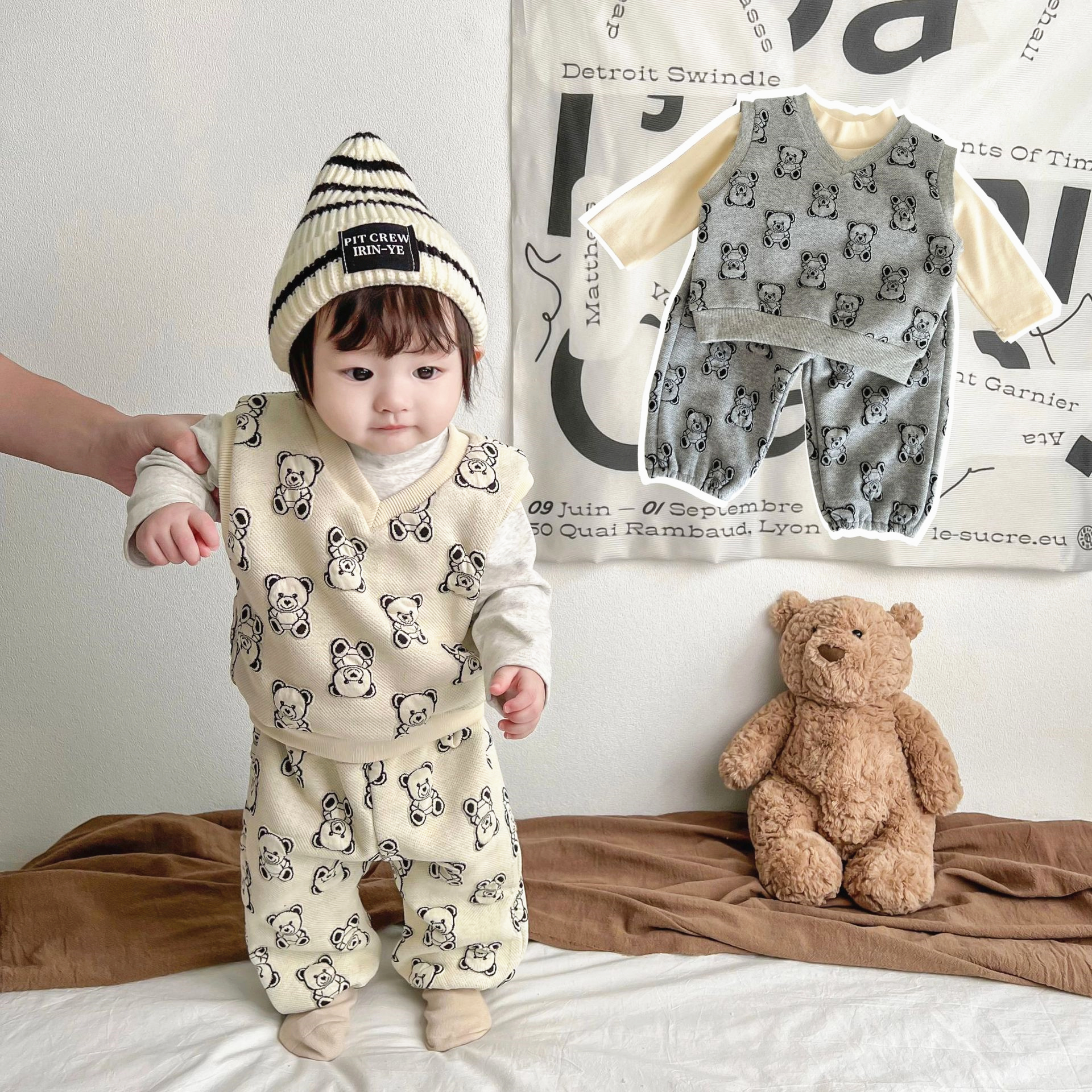 韩版男宝宝秋装套装婴儿童卡通小熊无袖背心长裤卫衣两件套洋气潮