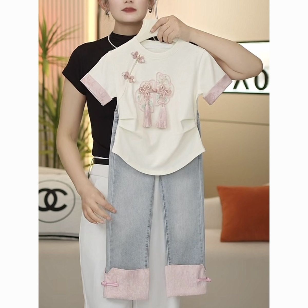 巴拉巴柆韩范女童短袖套装2024夏季新款童装中大童洋气新中式T恤
