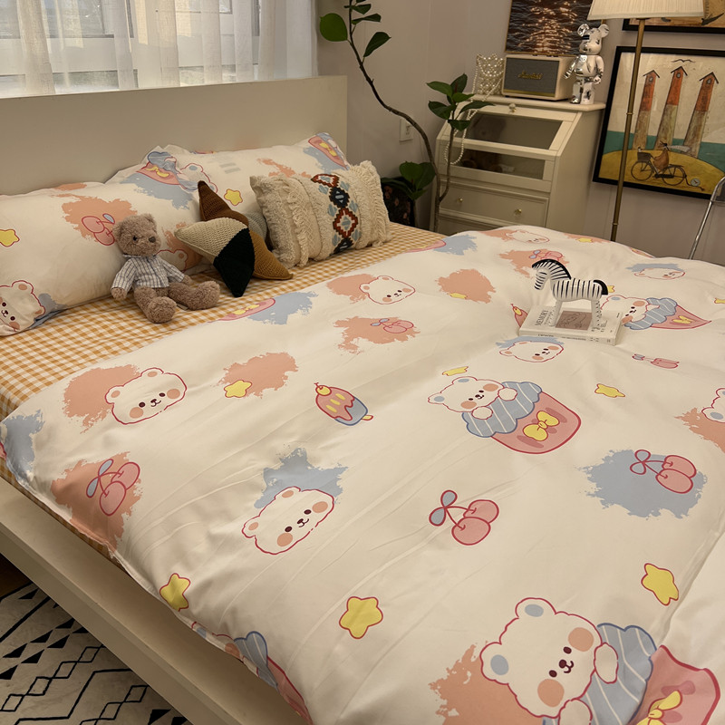 韩系ins蛋糕熊可爱儿童床上三件套水洗棉双人家居四件套床上用品