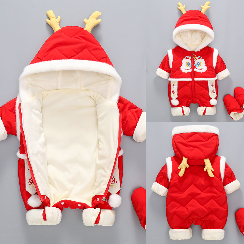 新年服夹棉宝宝连体衣婴儿衣服拜年过年周岁满月红色喜庆新生儿冬