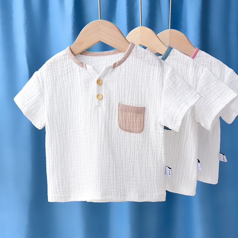 宝宝棉麻上衣短袖t恤衫婴儿男女儿童半袖纯棉夏装韩版洋气白色