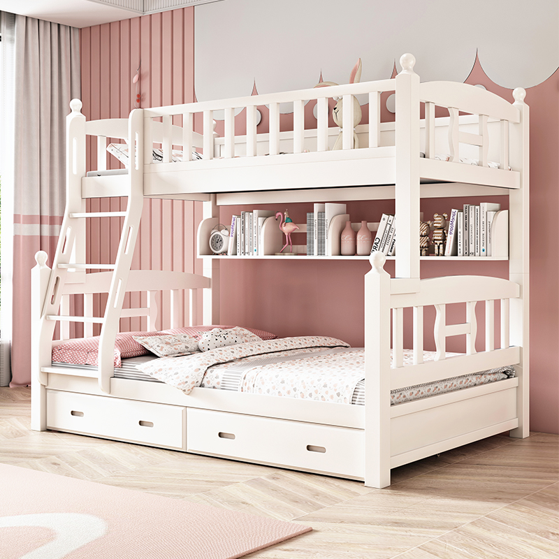 榉木高低床子母床两层儿童床上下床全实木上下铺双层床1.5米白色