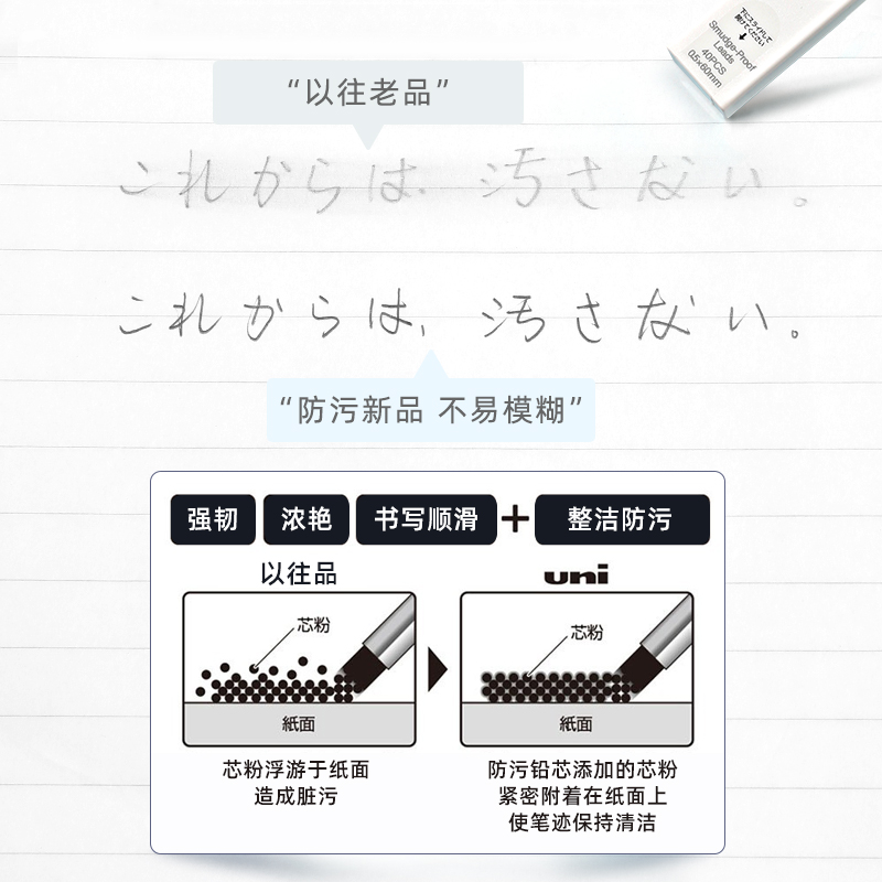 日本UNI三菱自动铅笔芯UL-S升级版防蹭脏0.5/0.3/0.7替芯Smudge Proof浓黑不晕染防污HB进口2H自动铅不断芯2B