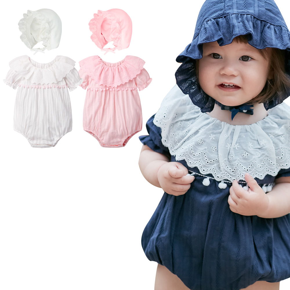Augelute女宝宝气质荷叶领 短袖包屁衣+帽子套装婴幼儿衣服80085