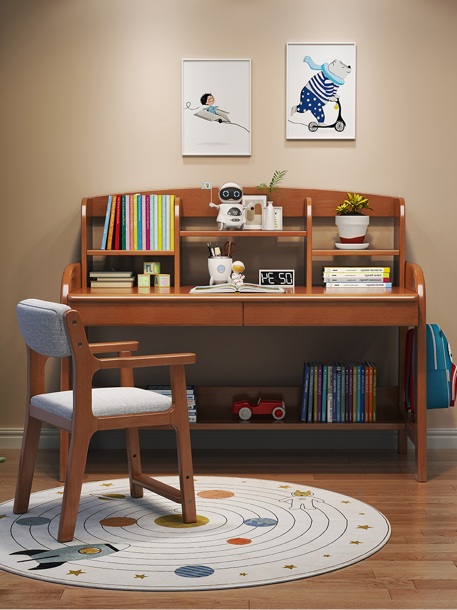 家用卧室小学生写字桌可升降全实木书桌带书架儿童学习桌椅子一套