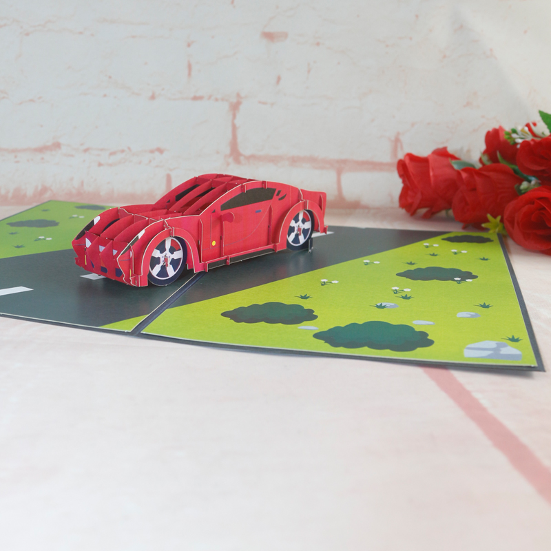 汽车红色跑车模型折叠纸质设计定做3D立体贺卡纸雕生日礼物祝福卡