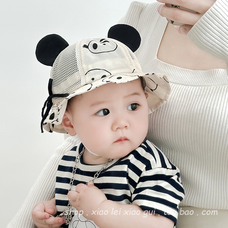 夏季婴儿帽子薄款网眼可调节宝宝遮阳帽超萌可爱婴幼儿防晒渔夫帽