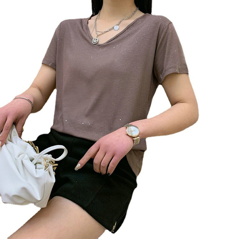 v领亮晶晶短袖面膜T恤女装设计感小众夏季上衣半袖衣服2021年新款