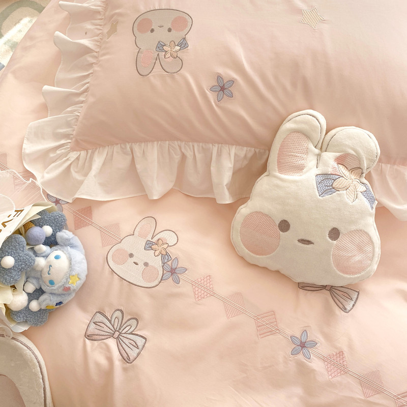 可爱少女纯棉水洗棉四件套全棉床单儿童床上用品小兔子公主风被套