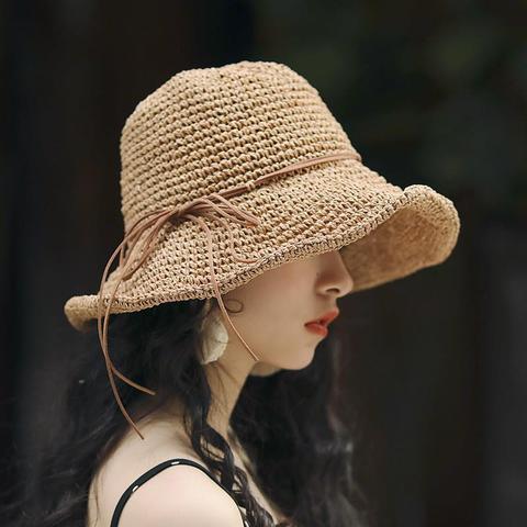 卷边凉帽沙滩帽休闲大沿女出游夏天蝴蝶结太阳帽遮阳帽草帽可折叠
