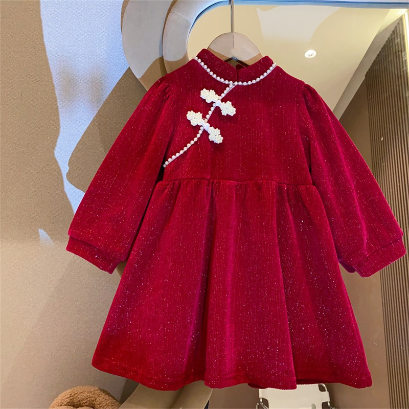 中国风洋气童装冬季新款女童复古盘扣加绒旗袍裙红色年服连衣裙仙