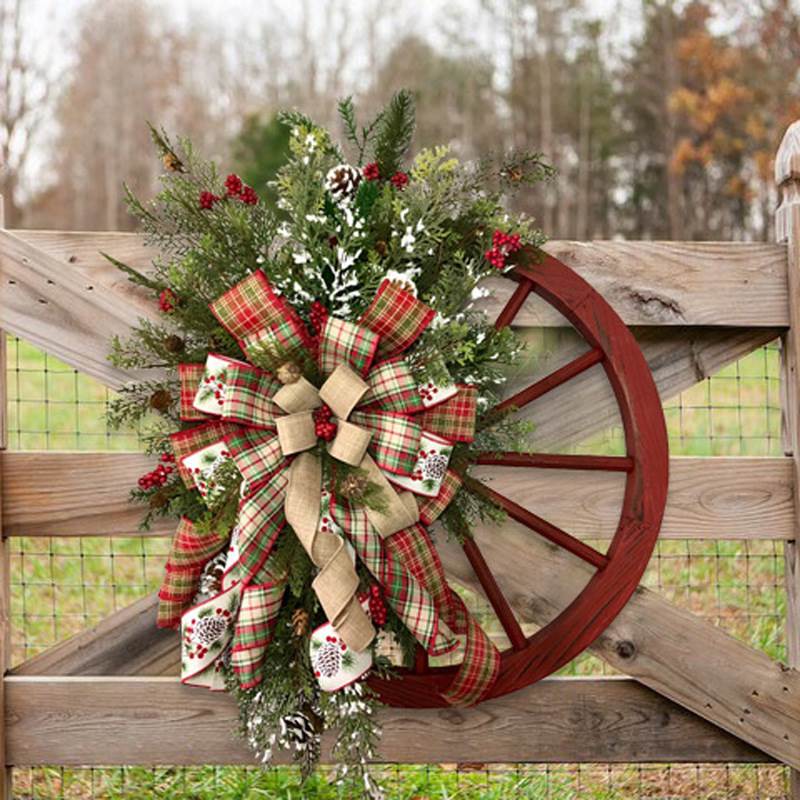 港之恋跨境爆款圣诞节装饰门挂木质轮盘车轮花环圣诞节松果花环