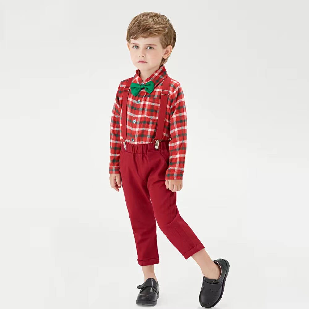 男童周岁潮流套装儿童圣诞绅士领结衬衫节目派对格子背带裤