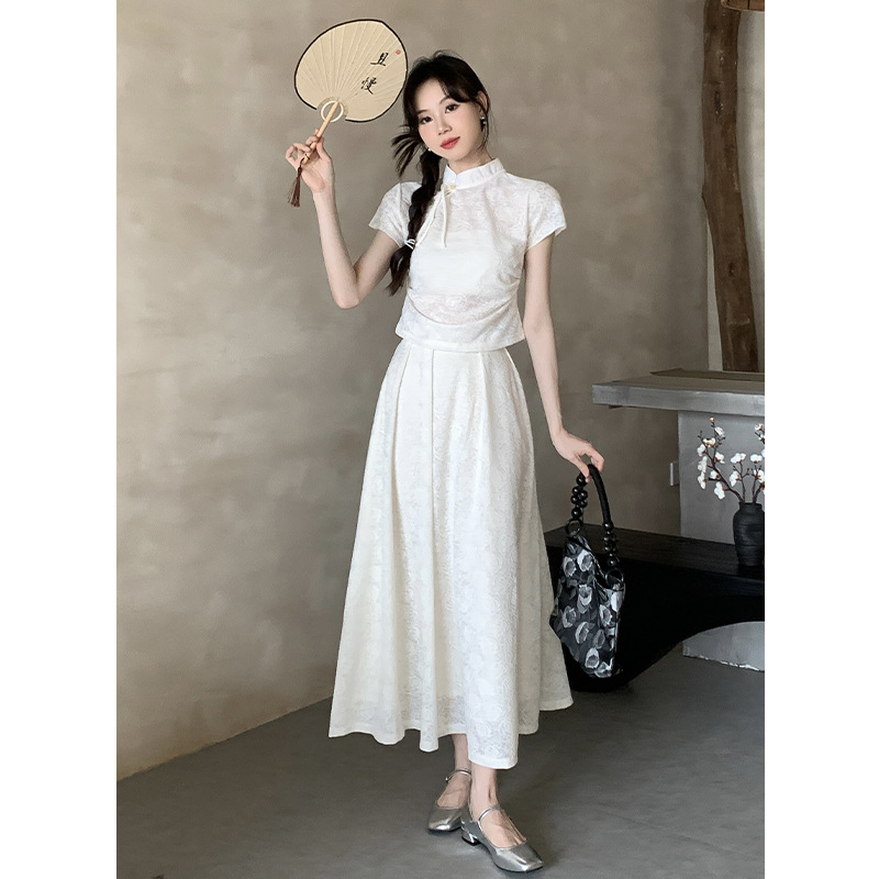 新中式套装裙女2024夏季国风流苏盘扣纯色短袖上衣+蕾丝半身裙女