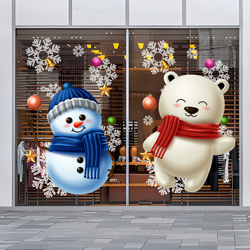 可爱卡通小熊雪人圣诞节装饰玻璃贴纸幼儿园童装店游乐园氛围布置
