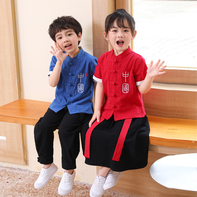 儿童汉服夏季薄短袖班服套装中国风男女童幼儿园园服中式古风唐装