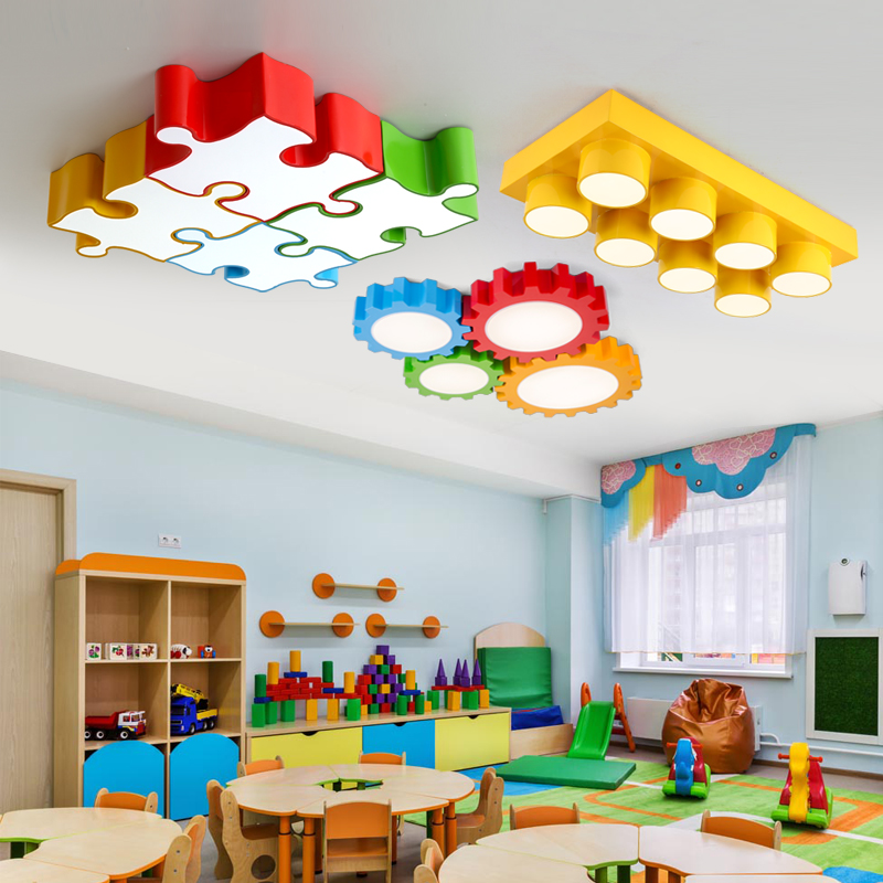 乐高卡通齿轮吸顶灯彩色LED创意积木幼儿园教室培训机构造型灯具