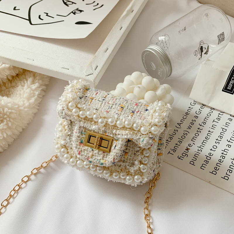 韩版时尚儿童包包菱格小香风珍珠链条包女童斜挎包宝宝公主小方包