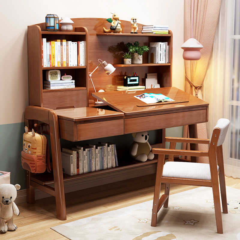 儿童实木书桌可升降家用小学生写字桌卧室学习桌椅套装书架一体桌