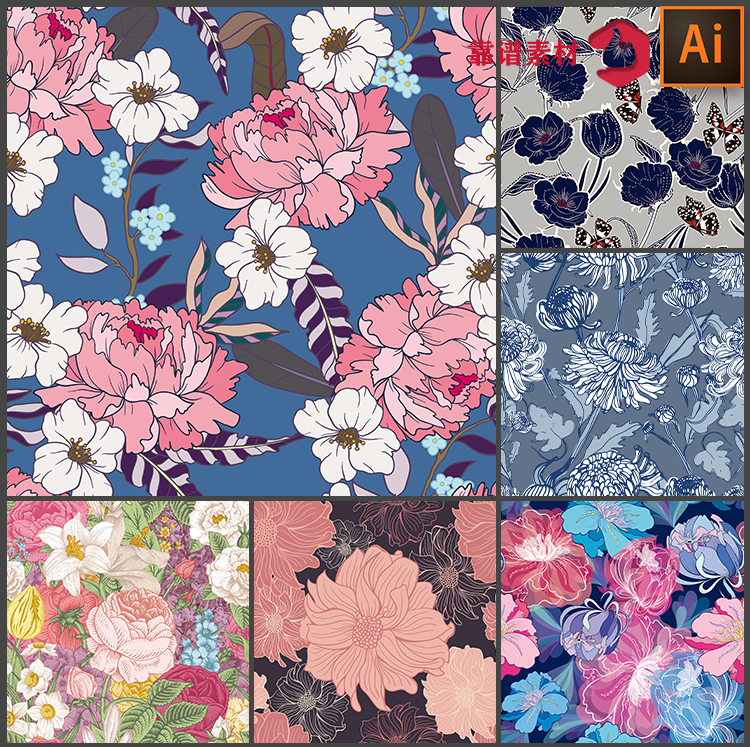 精美复古鲜花植物服饰地毯面料无缝印花图案AI矢量设计素材