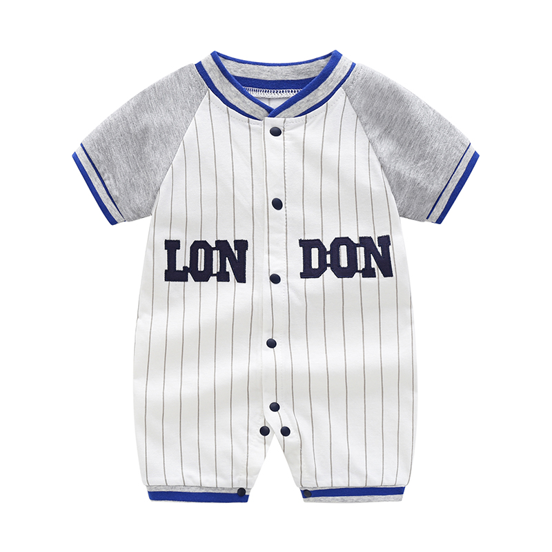 婴儿短袖连体衣夏季薄款纯棉睡衣0-1岁宝宝夏装棒球服哈衣爬爬服