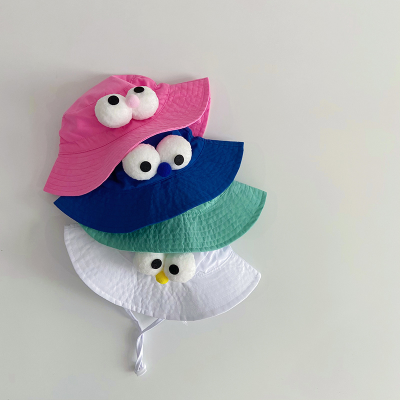 ins夏季韩国婴儿可爱卡通眼睛遮阳渔夫帽宝宝透气盆帽沙滩太阳帽