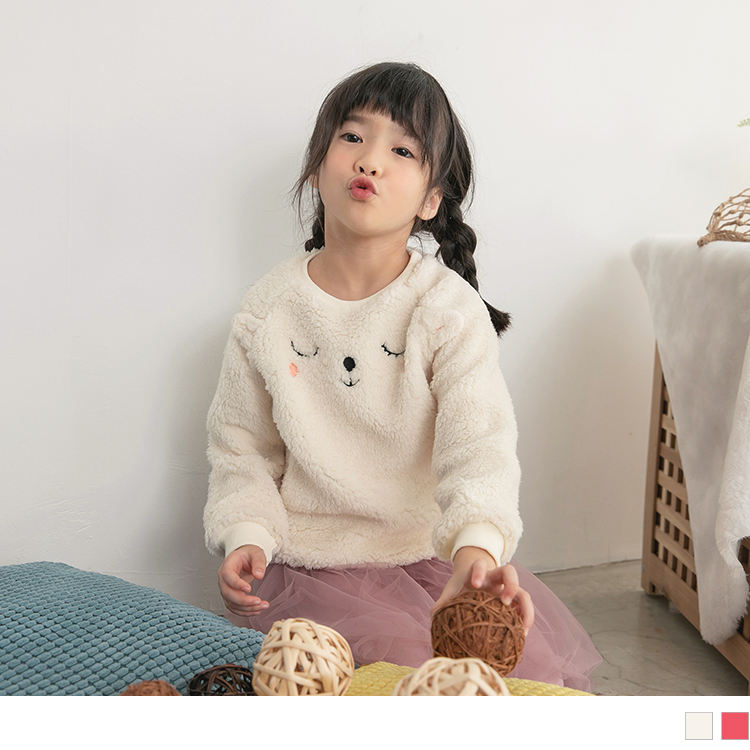 OB 童裝系列 可愛小羊刺繡厚刷毛絨拼接羅紋上衣-2色