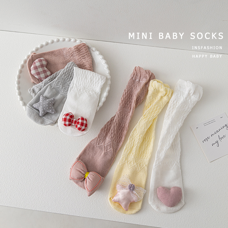 新生婴儿宝宝纯棉夏季薄款长筒0-3个月公主网眼透气过膝防蚊袜子