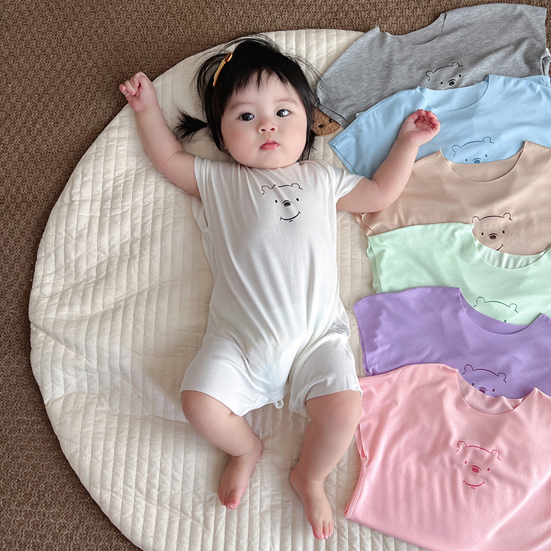 莫代尔棉手感新生婴儿短袖连体衣服女宝宝男夏季睡衣轻薄款哈衣天