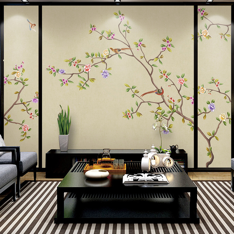 中式壁画电视背景墙壁纸客厅沙发定制古典花鸟墙纸影视墙布中国风