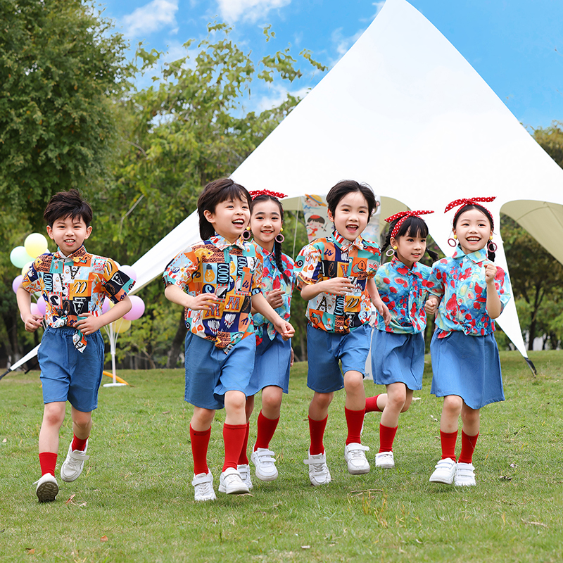 六一儿童幼儿园港风演出舞蹈啦啦队操班服复古花衬衫小学生运动会