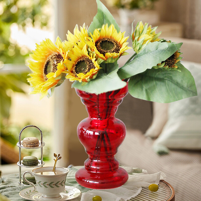 中式大红色螺旋玻璃花瓶结婚客厅现代简约插花玄关样板间装饰摆件