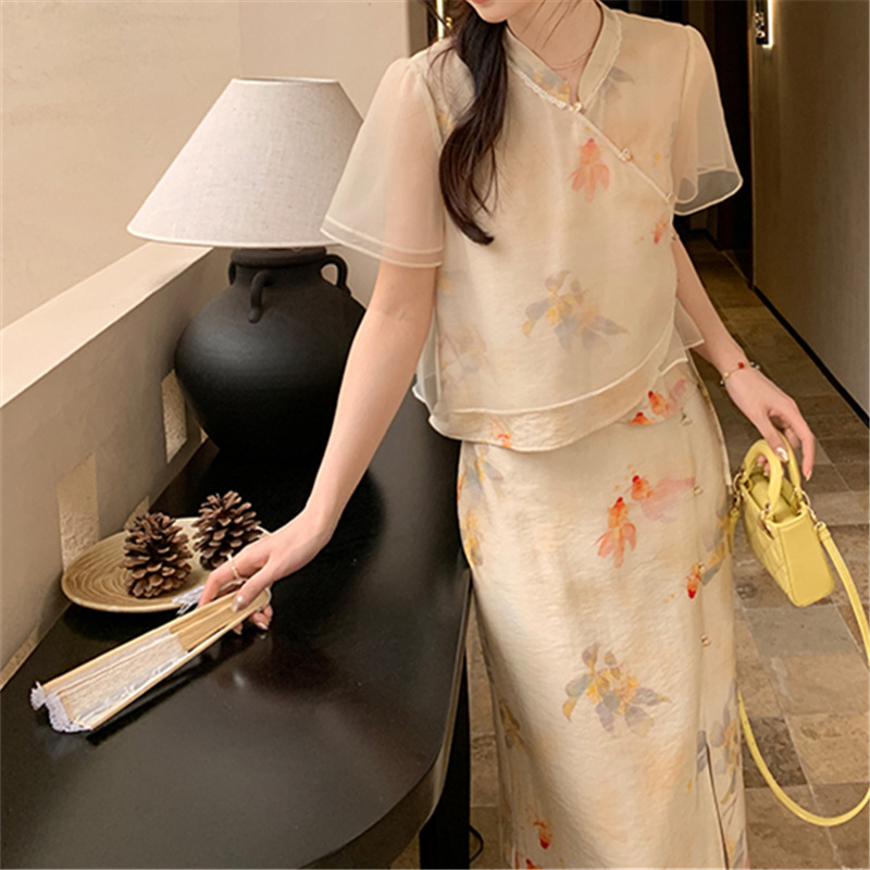 改良旗袍新中式国风连衣裙套装女小个子2024夏季碎花显瘦两件套裙