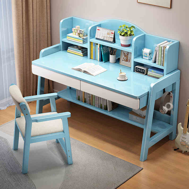 实木书桌学生家用书架一体可升降课桌椅卧室简易儿童学习桌椅套装