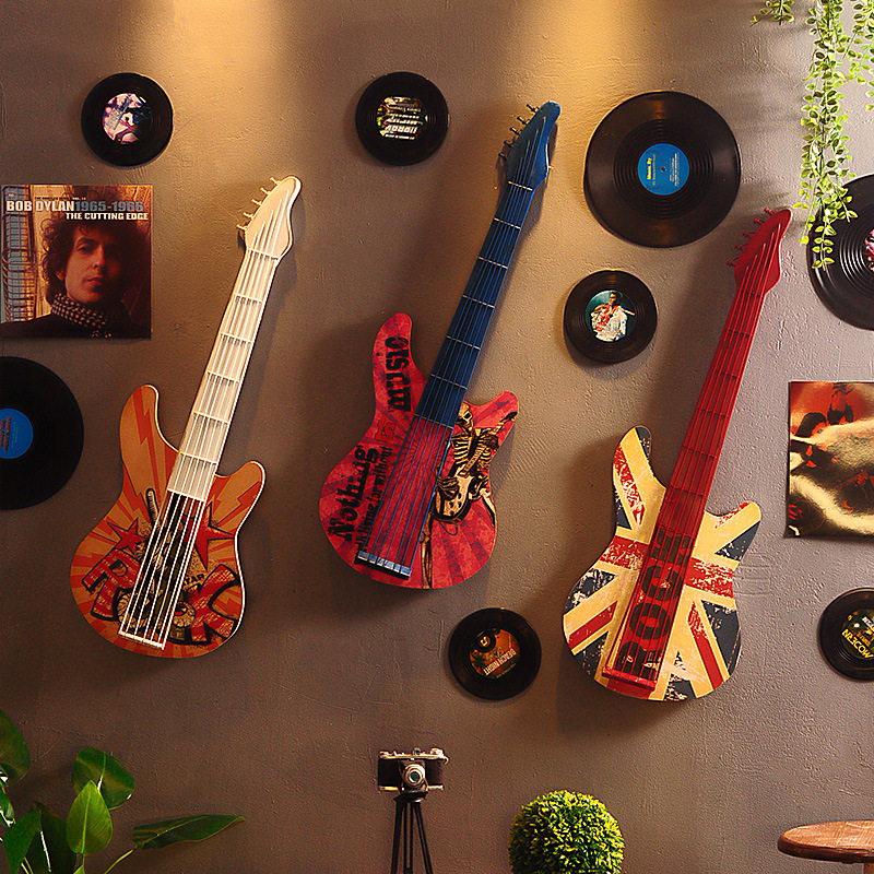 咖啡厅酒吧网咖餐厅墙面装饰壁挂木制复古壁饰创意板画吉他装饰