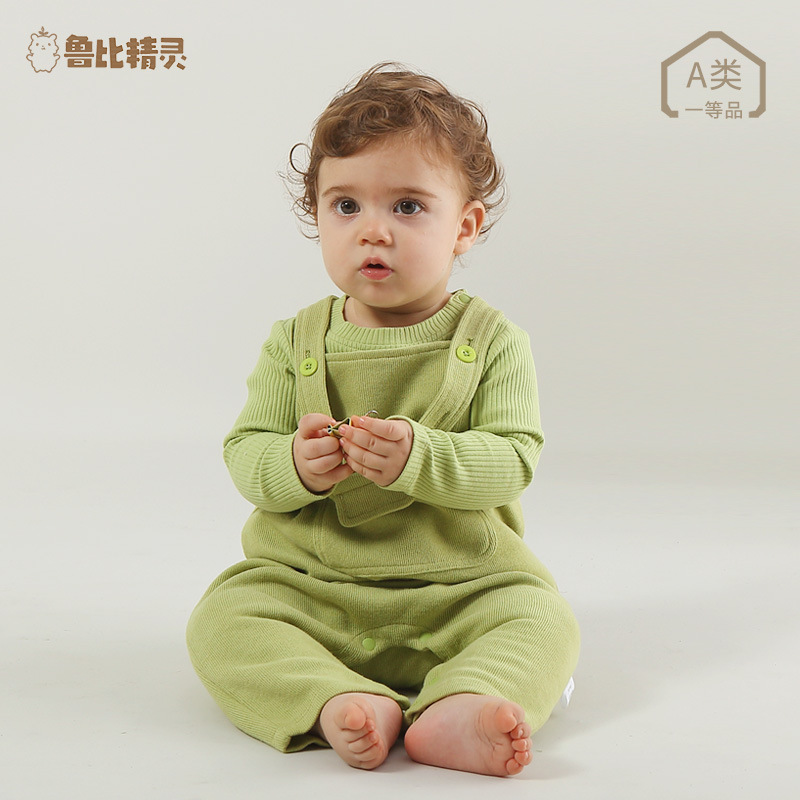 韩系男女宝宝婴幼儿可爱超萌套装洋气牛油果打底衫背带裤两件套春