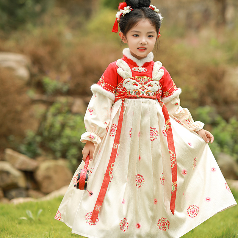 儿童中国风加厚中式唐装2023冬装加绒古装汉服小女孩拜年服连衣裙
