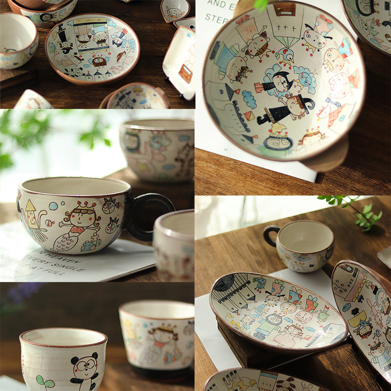 现货日本作家手作手绘手刻陶器王子与公主童话卡通餐具马克杯碗盘