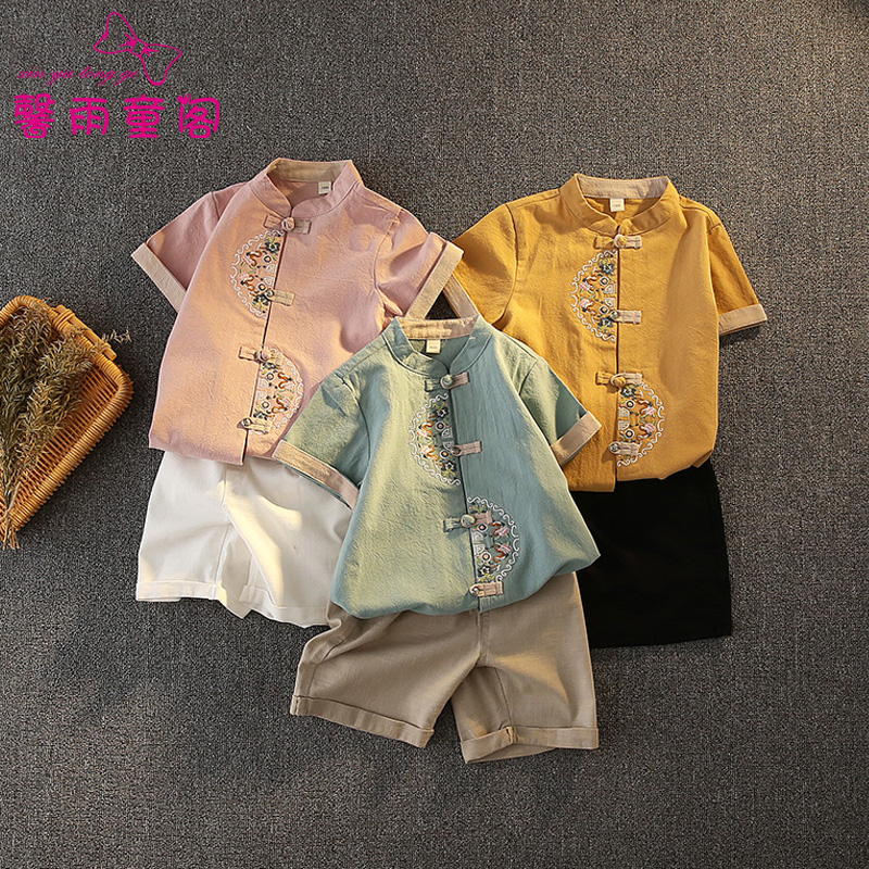 男童汉服装夏复古麻棉套装薄款儿童六一演出服中国风短袖宝宝唐装