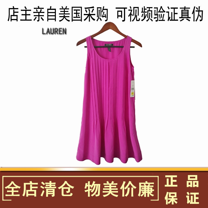 美国正品 LAUREN圆领无袖百褶套头纯色舒适连衣裙夏季玫红色时尚
