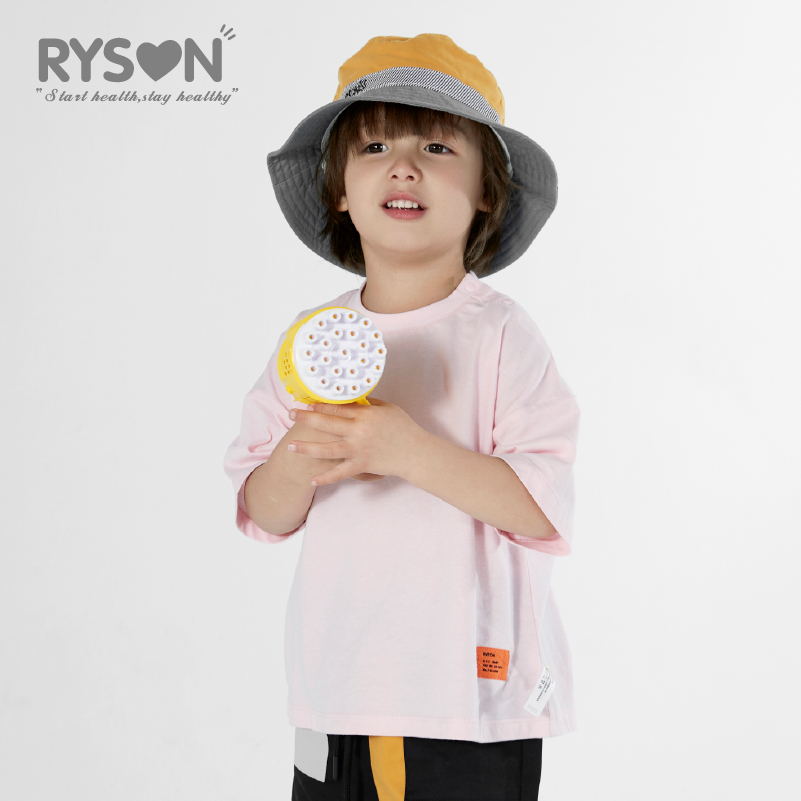 RYSON潮童装夏季上衣男女童粉色后背字母印花宽松时尚圆领短袖T恤